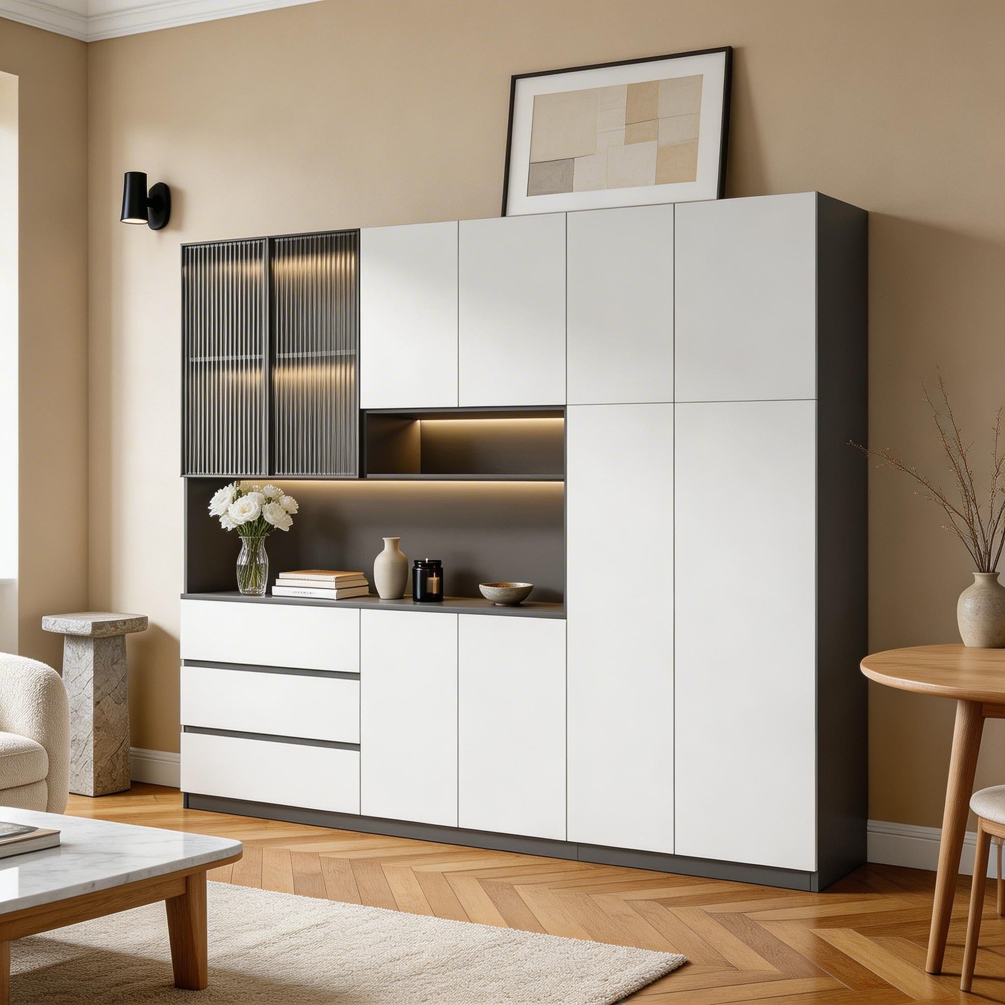 Trendy Sideboard with 3 Drawers, Cupboard, Wide/Standard/Narrow Sizes, 2/1 Shelves, Cabinets, and Glass-panel Door thumbnail 24