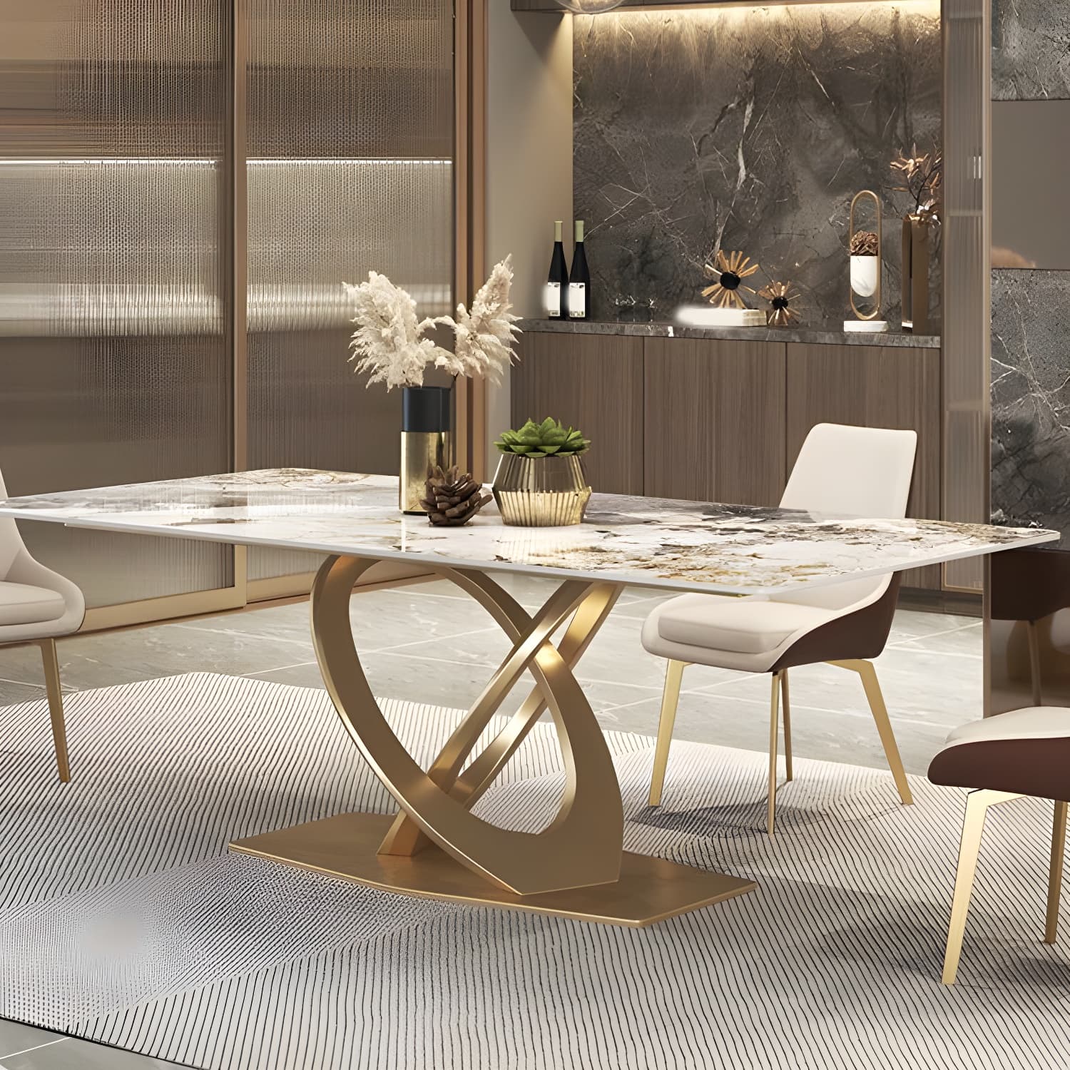 Glossy Beige Dining Table Set 1/2/5/7 Pcs Glam Dinette Set with Leather Chairs thumbnail 7