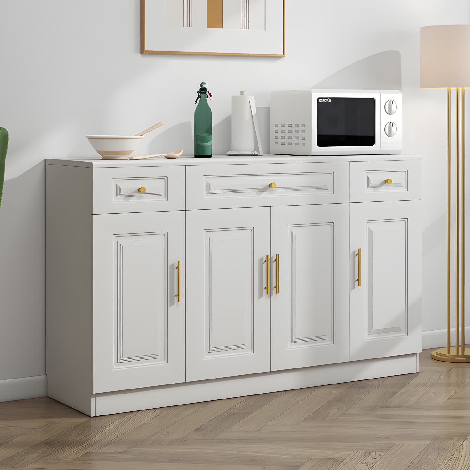 Glam White Wood Sideboard with Storage Cabinets and Included Adjustable Shelving thumbnail 3
