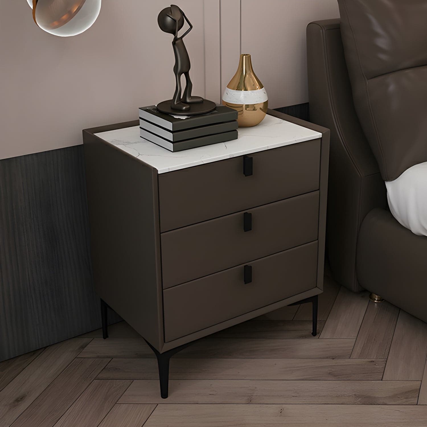 Glam Style Sintered Stone Top 3 Drawers Nightstand for Bedroom thumbnail 3