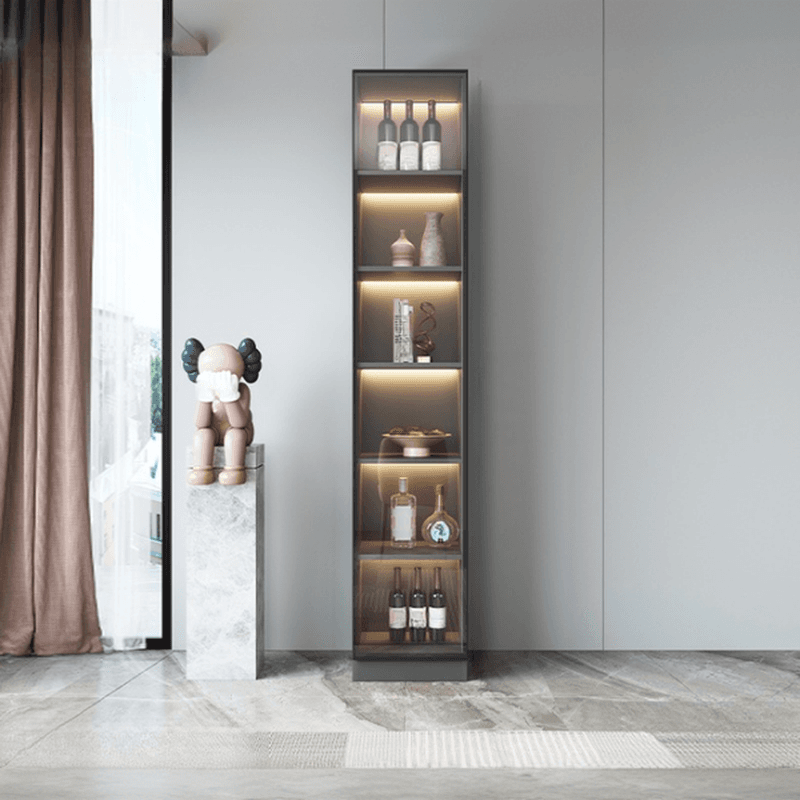 Modern Timber Countertop Server with Glazed Door Hutch, Narrow Size, Six Internal Shelves for Kitchen Cupboards