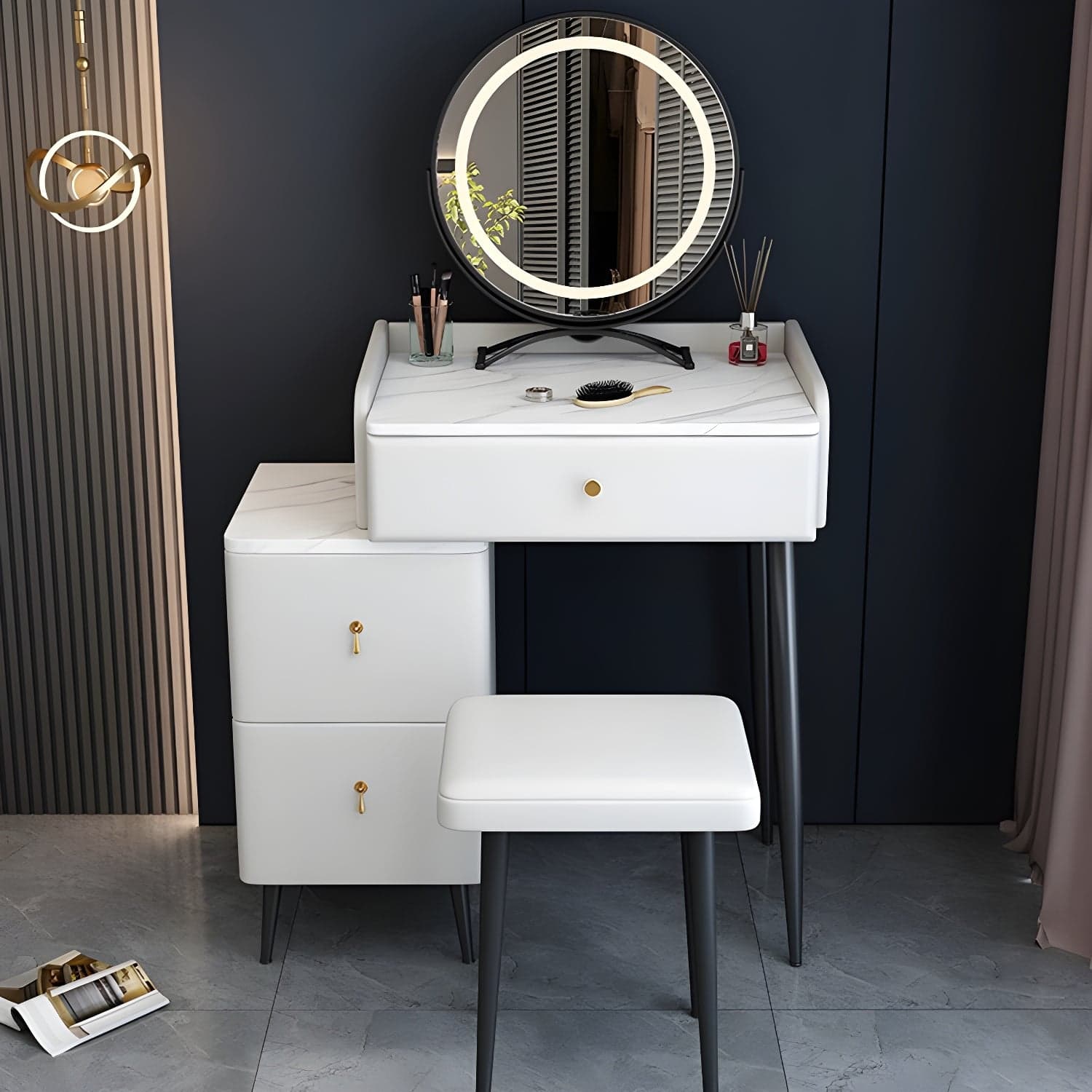 Contemporary Make-up Vanity with Stone Top and Metal Legs for Bedroom thumbnail 4