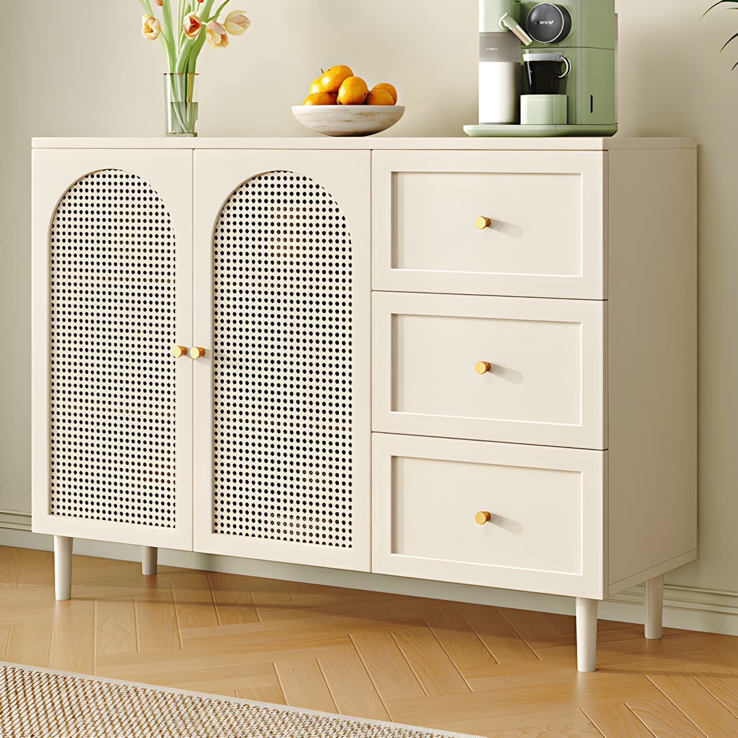 Modern White Engineered Wood Shelves Included Sideboard with Cabinets and Doors