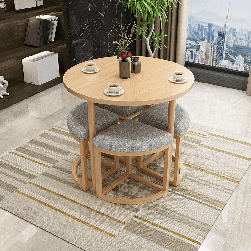 Reclaimed Wood Round Dining Table Set with Metal Toboggan Base and Upholstered Backless Chairs for 4 People thumbnail 4