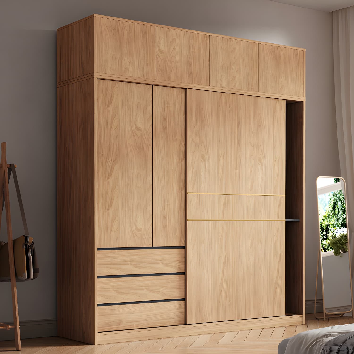 Natural Finish Wardrobe Armoire Sliding Wardrobe Cabinet with Drawer thumbnail 4