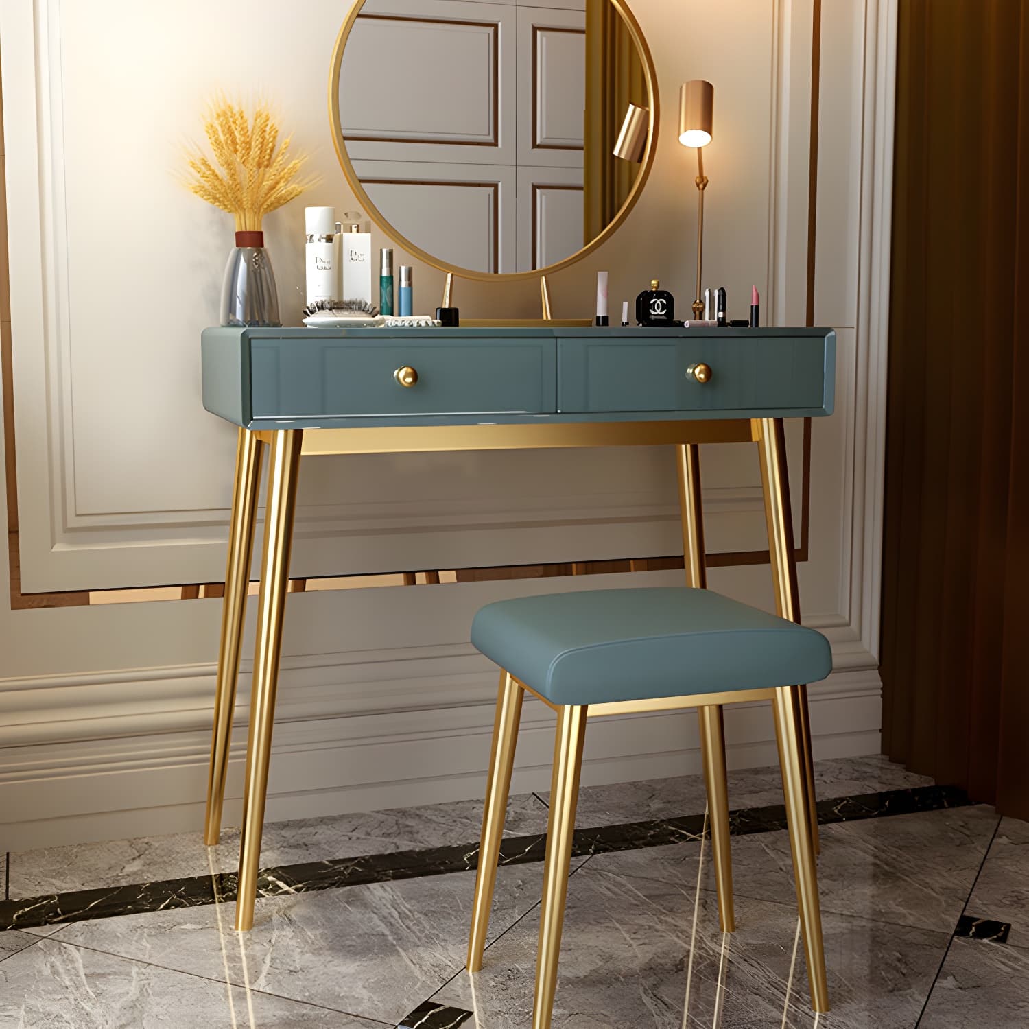 Glam 29.5" Height Wooden Makeup Vanity with Drawers and Mirror thumbnail 4