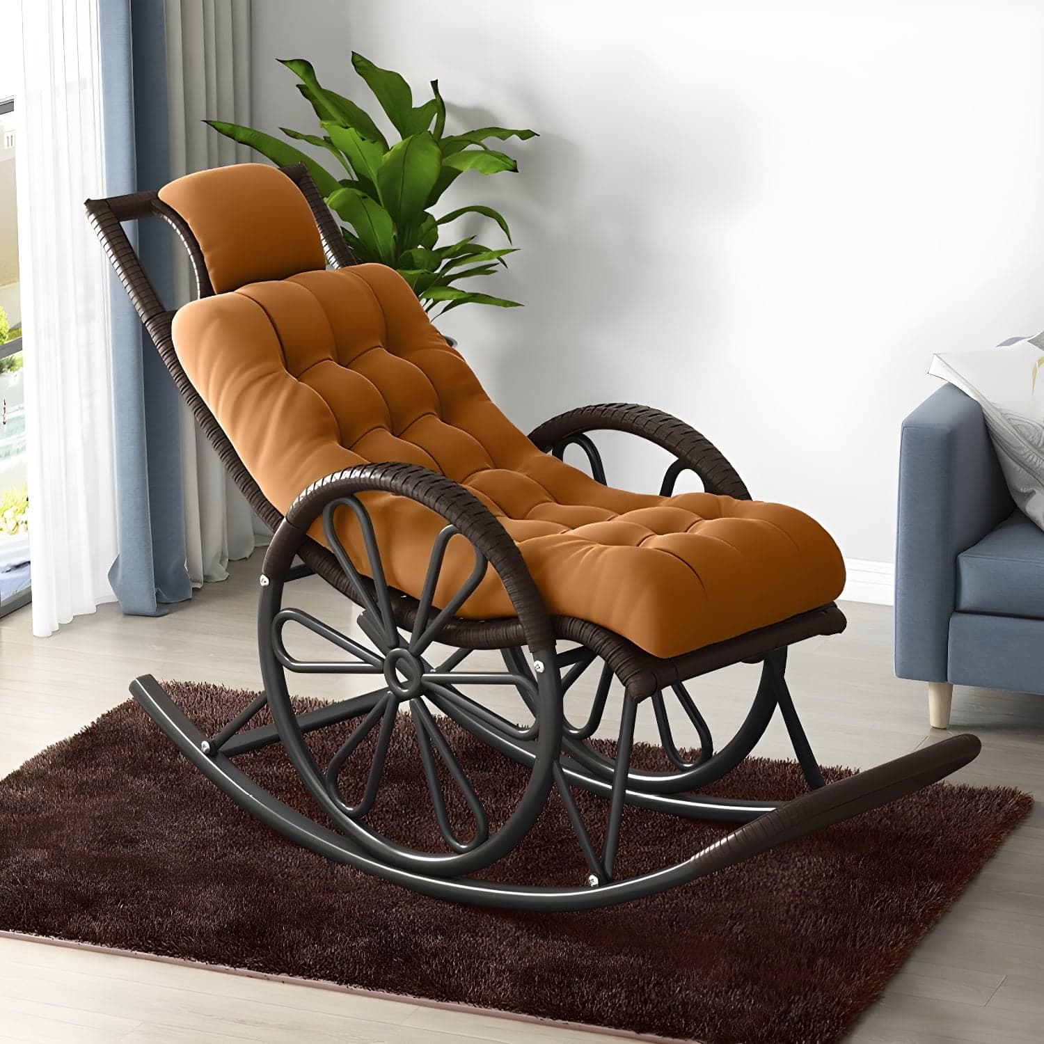 Modern Rocker Wicker Removable Cushions Tufted with Gray Frame Rocking Chair thumbnail 4