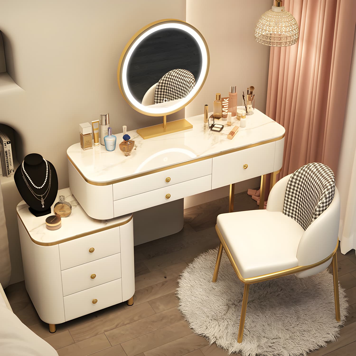 Scandinavian Wooden Vanity Desk in White Modern with Drawers Dressing Table thumbnail 3