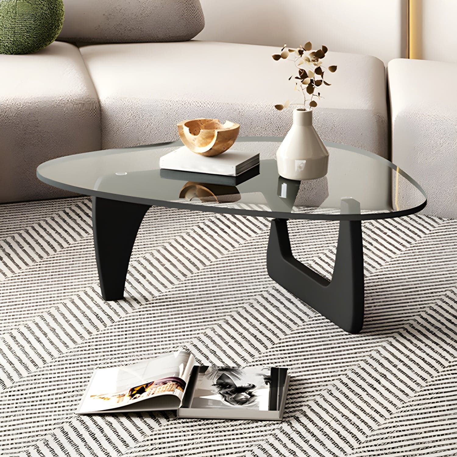 Contemporary Abstract Wooden Base Irregular Glass Top Coffee Table