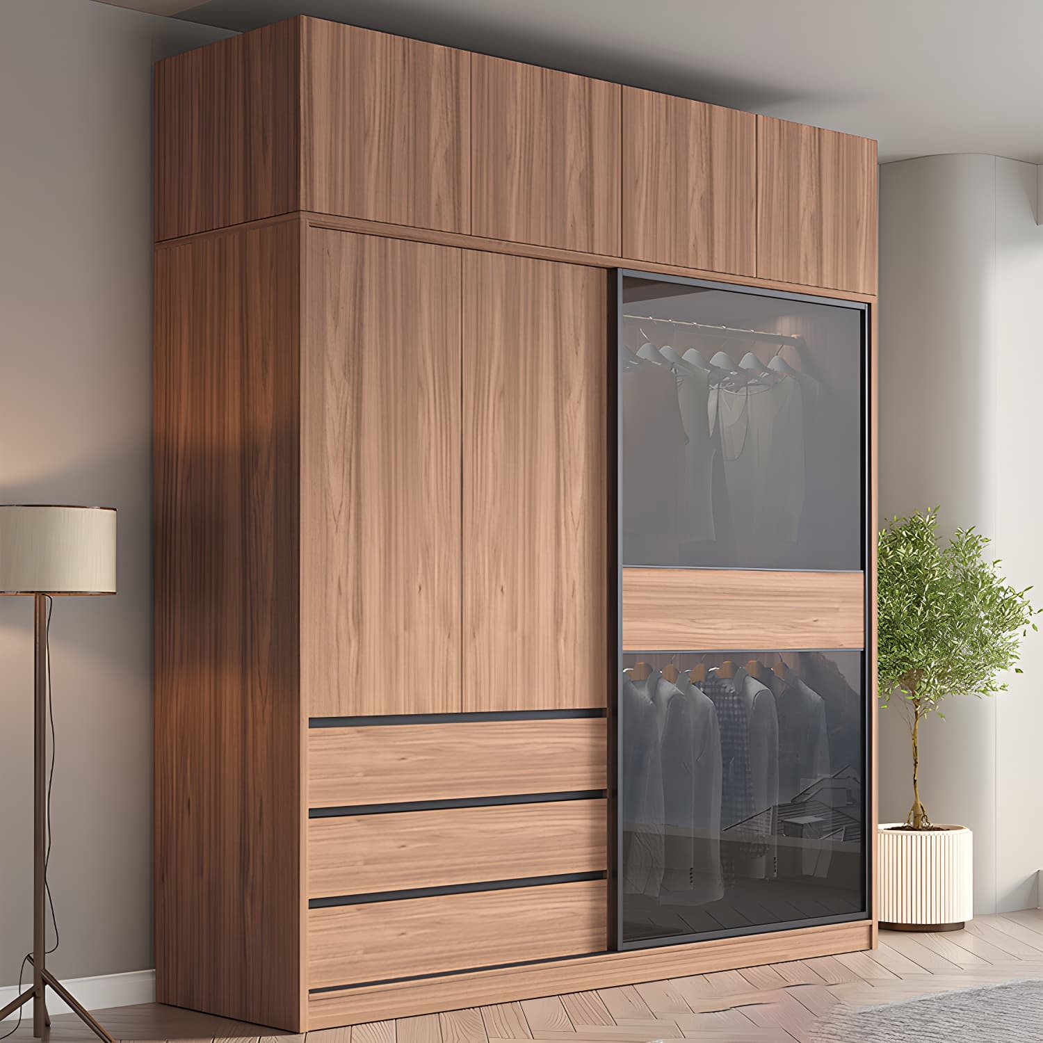 Glass and Wood Wardrobe Cabinet Brown Wardrobe Armoire with Garment Rod thumbnail 4