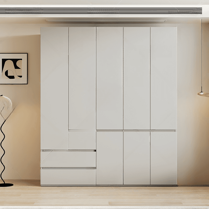 Cream Trendy Reclaimed Wood Wardrobe Armoire with Soft Close Drawer, Soft Close Door, Interior Shelves, and Clothing Rod