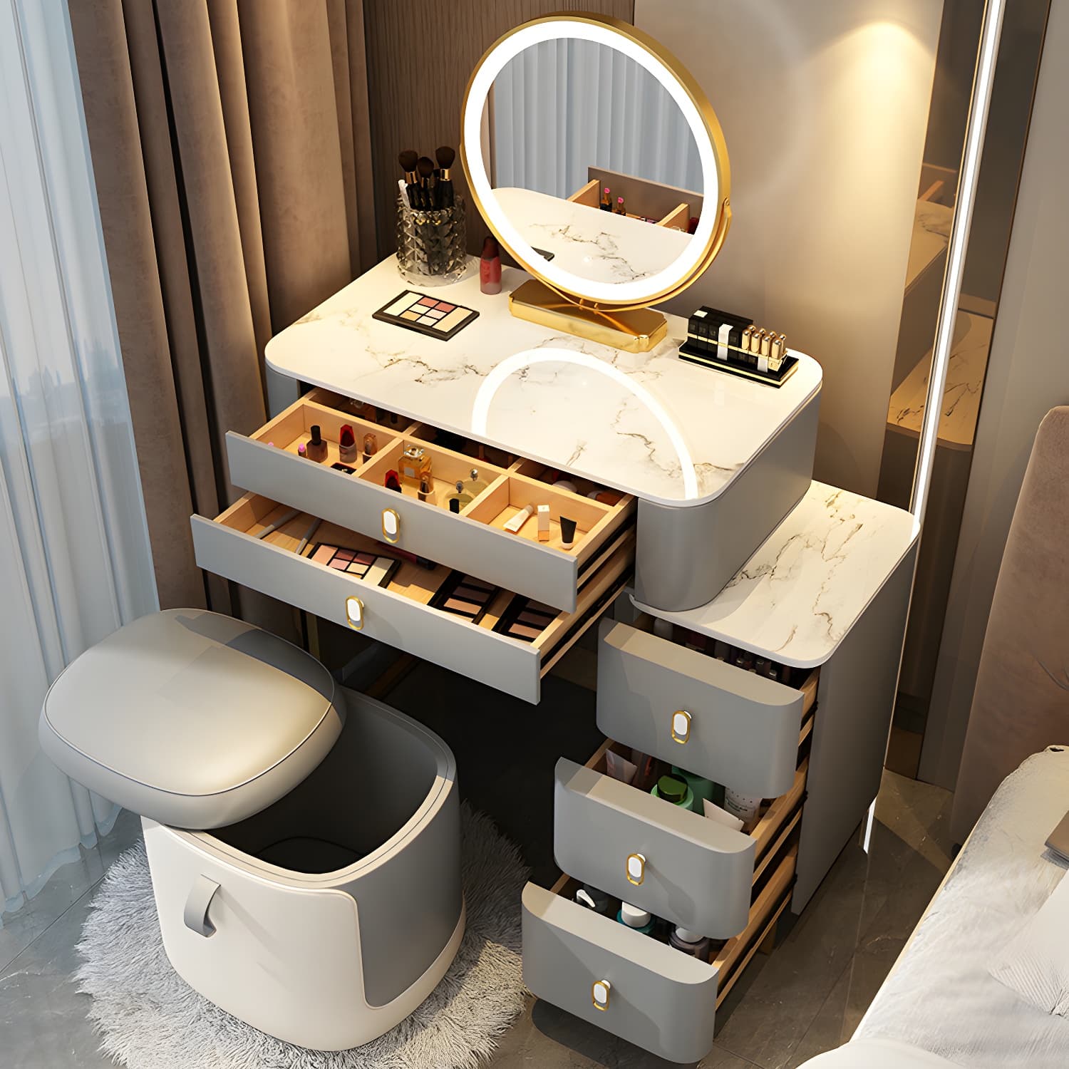 Stone Top Vanity with Storage Drawers Makeup Vanity Desk with Stool and Mirror thumbnail 7