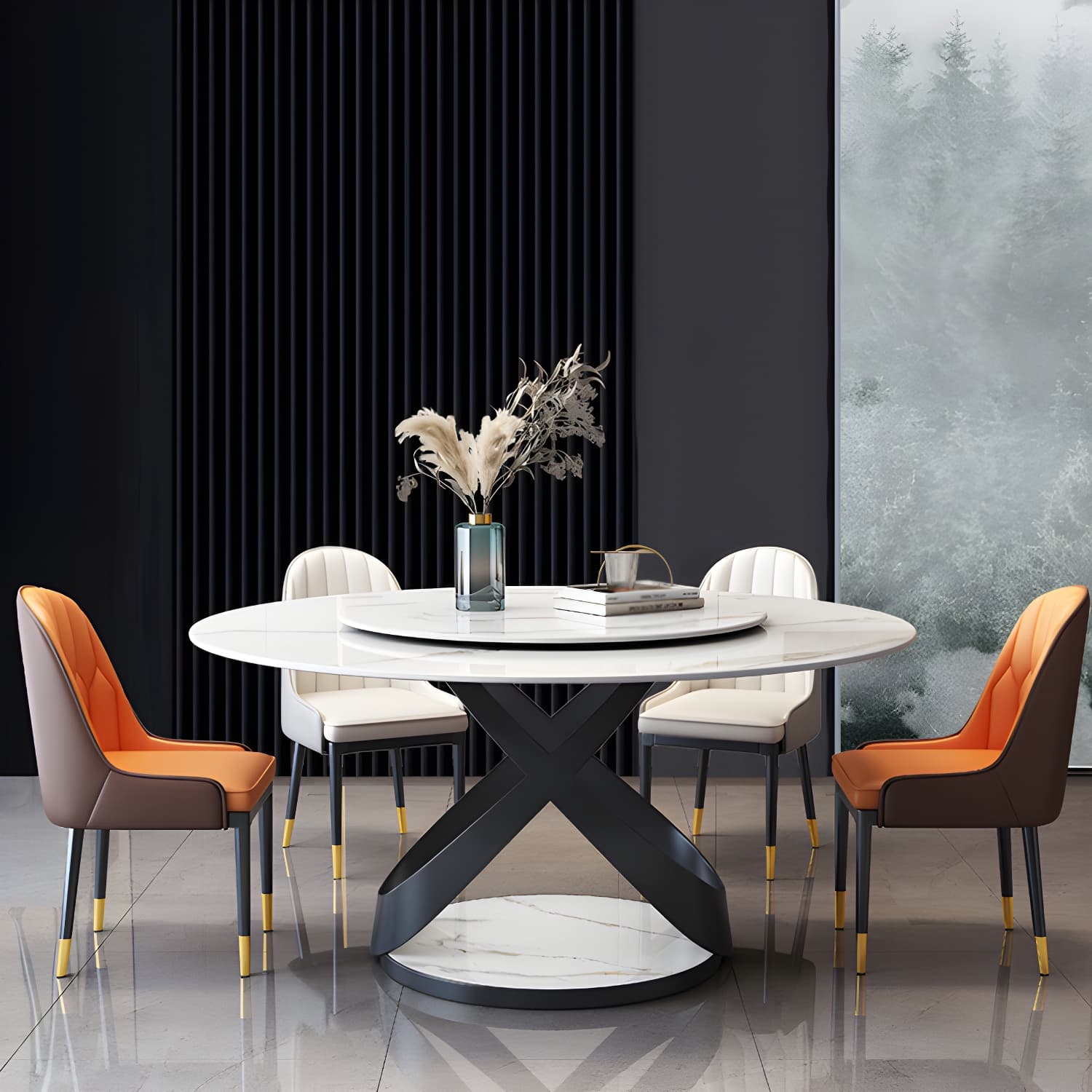 Modern Round Stone Top Lazy Susan Dining Table with Black Steel Pedestal thumbnail 14
