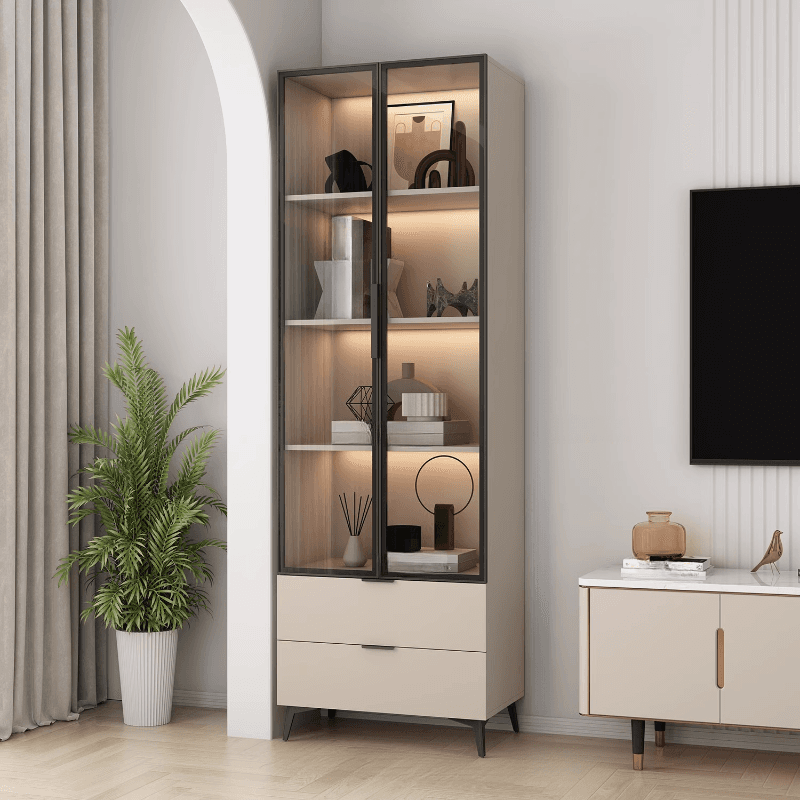 Brown Manufactured Wood Utility Storage Cabinet with Storage Cabinet, Glass Door, Cabinet Bars, Soft Close Drawer and Light thumbnail 1