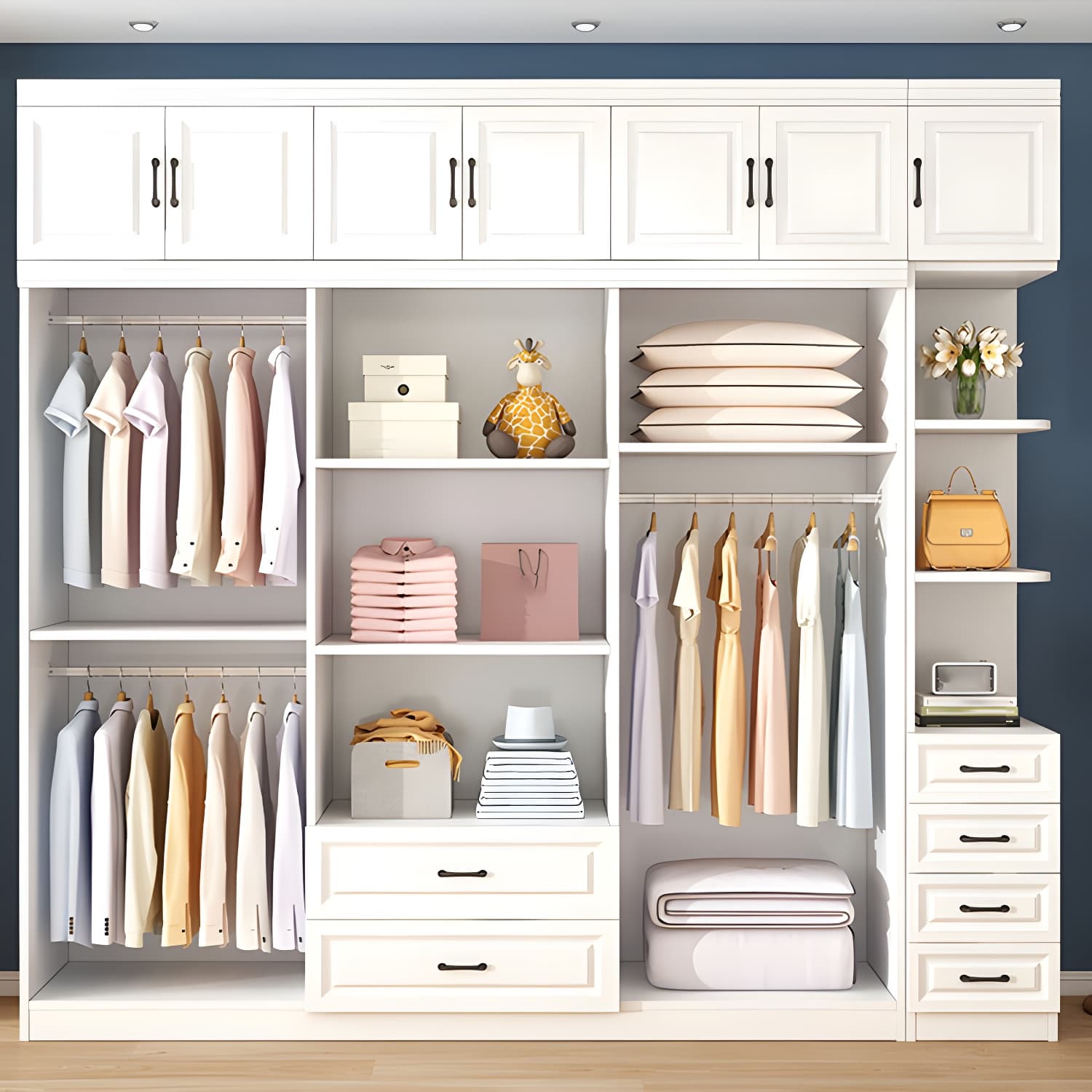 Modern White Wood Wardrobe Armoire with Soft-Close Drawers and Clothing Rod