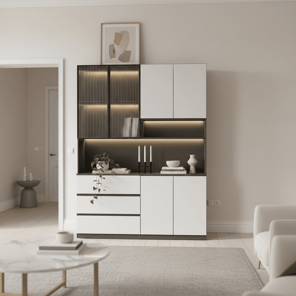 Trendy Sideboard with 3 Drawers, Cupboard, Wide/Standard/Narrow Sizes, 2/1 Shelves, Cabinets, and Glass-panel Door thumbnail 43