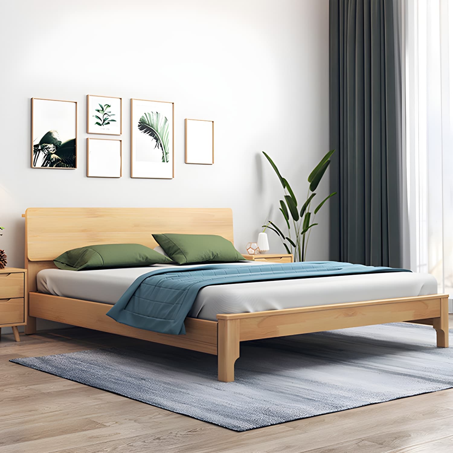 Scandinavian Solid Wood Bed with Rectangle Headboard and 4 Legs thumbnail 4