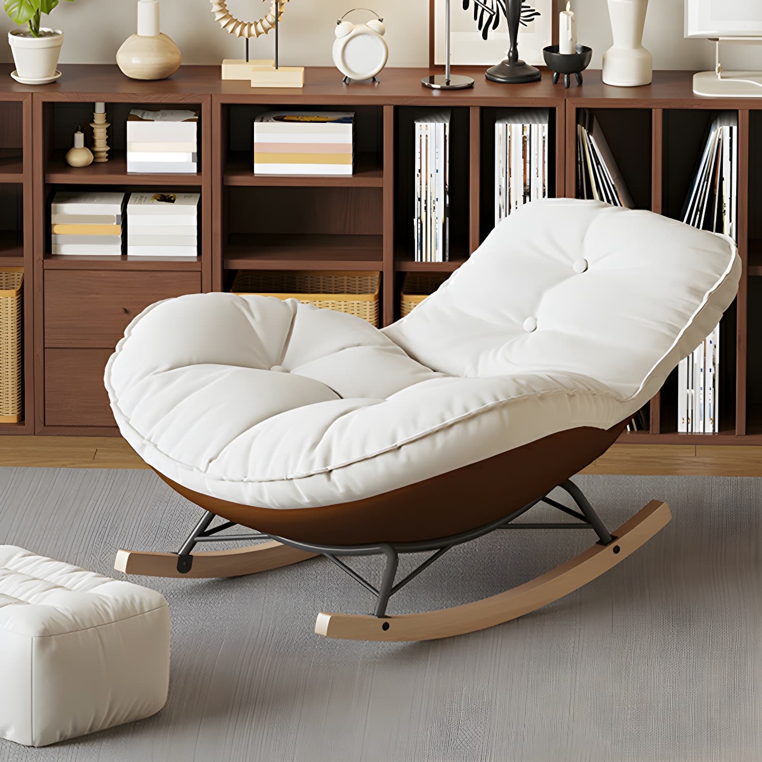Contemporary Upholstered Rocking Chair with White Tufted Flannel Cushion and Solid Wood Legs thumbnail 19