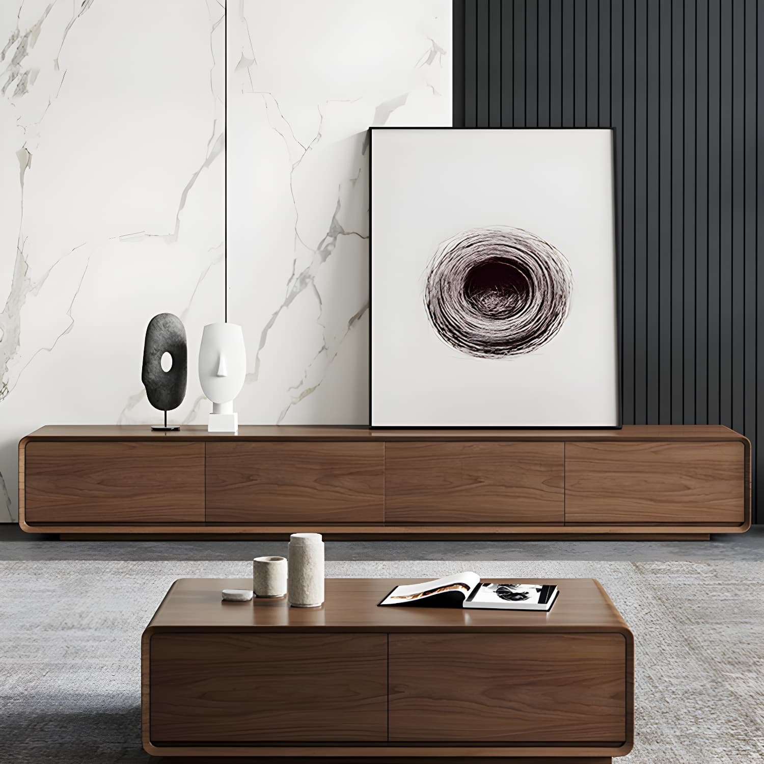 Nordic TV Cabinet Walnut Living Room Furniture Small Family TV Stand Console thumbnail 2