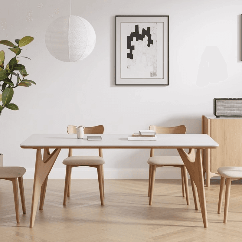 Dining Table Set with Slate Stone Top, Enclosed Back, Fixed Table, Padded Chair for 6 People in White thumbnail 1