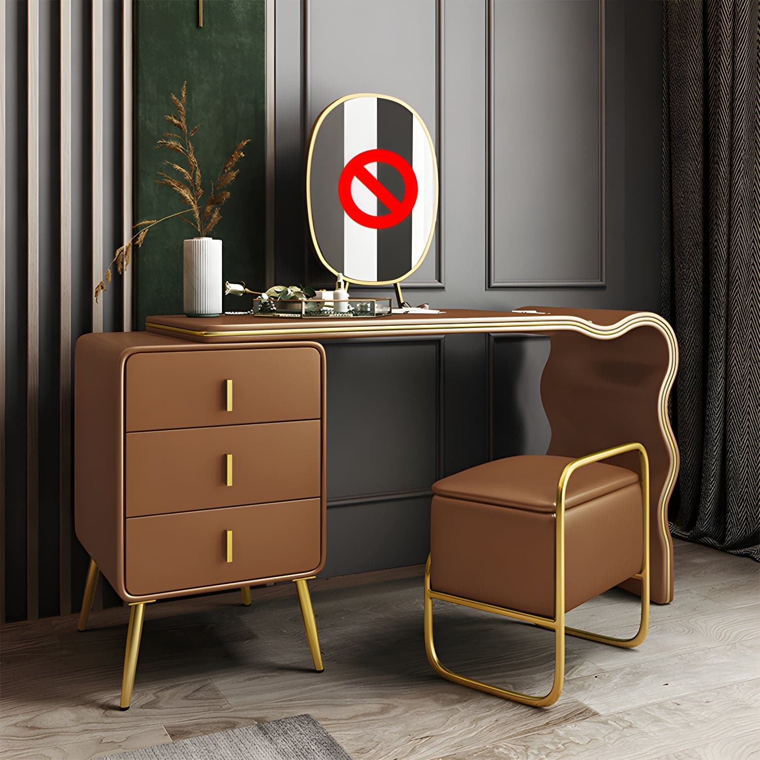 3 Drawers Make-up Vanity Set, 28.74" H Leather Vanity with Stool & Mirror thumbnail 3