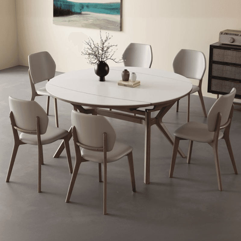 Minimalist Rounded Slate Dining Table Set with 4 Legs, Fold-away Leaf, and Light Gray/White Finish thumbnail 3