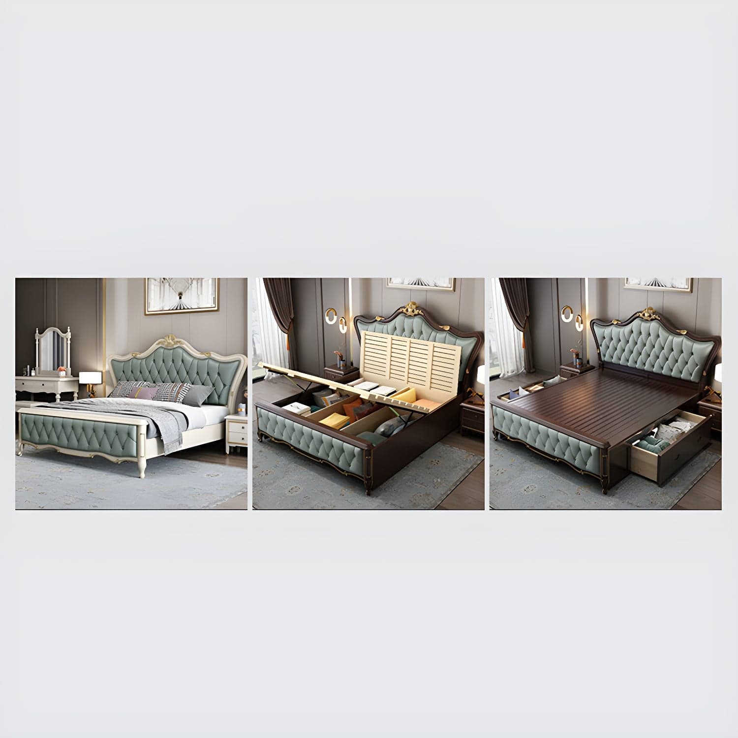 84.65 inch Wide Glam Bed Frame Rubberwood Solid Color Standard Bed with Headboard thumbnail 14
