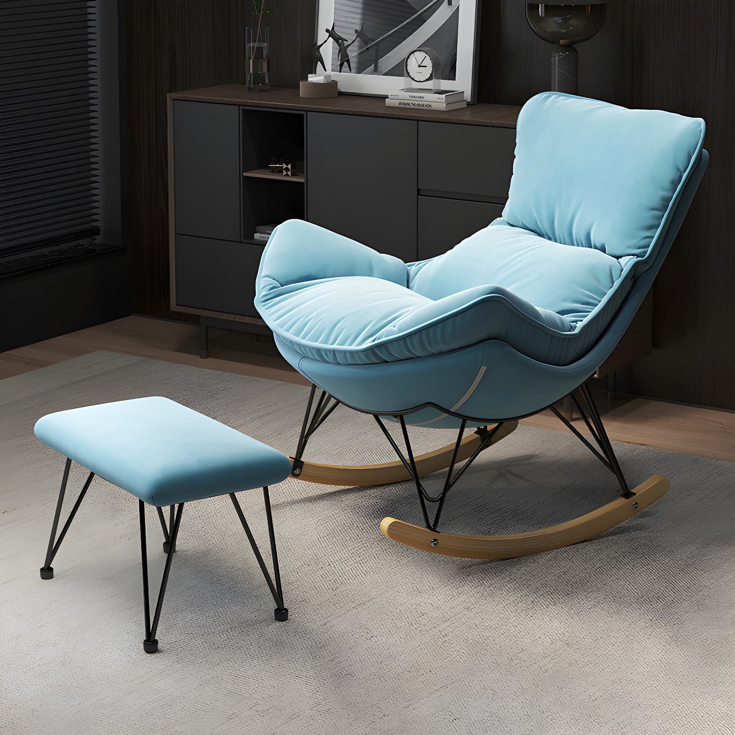 Wing Back Rocking Chair Solid Wood Rocker Chair with Ottoman thumbnail 19