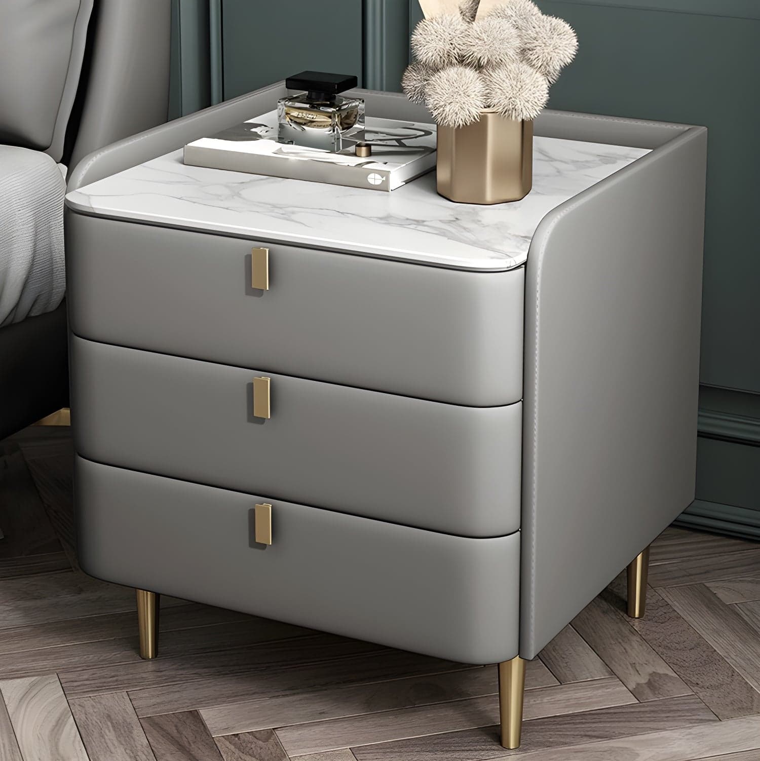 Stone Top Nightstand 3-drawer Leather Night Table with 4 Legs thumbnail 7