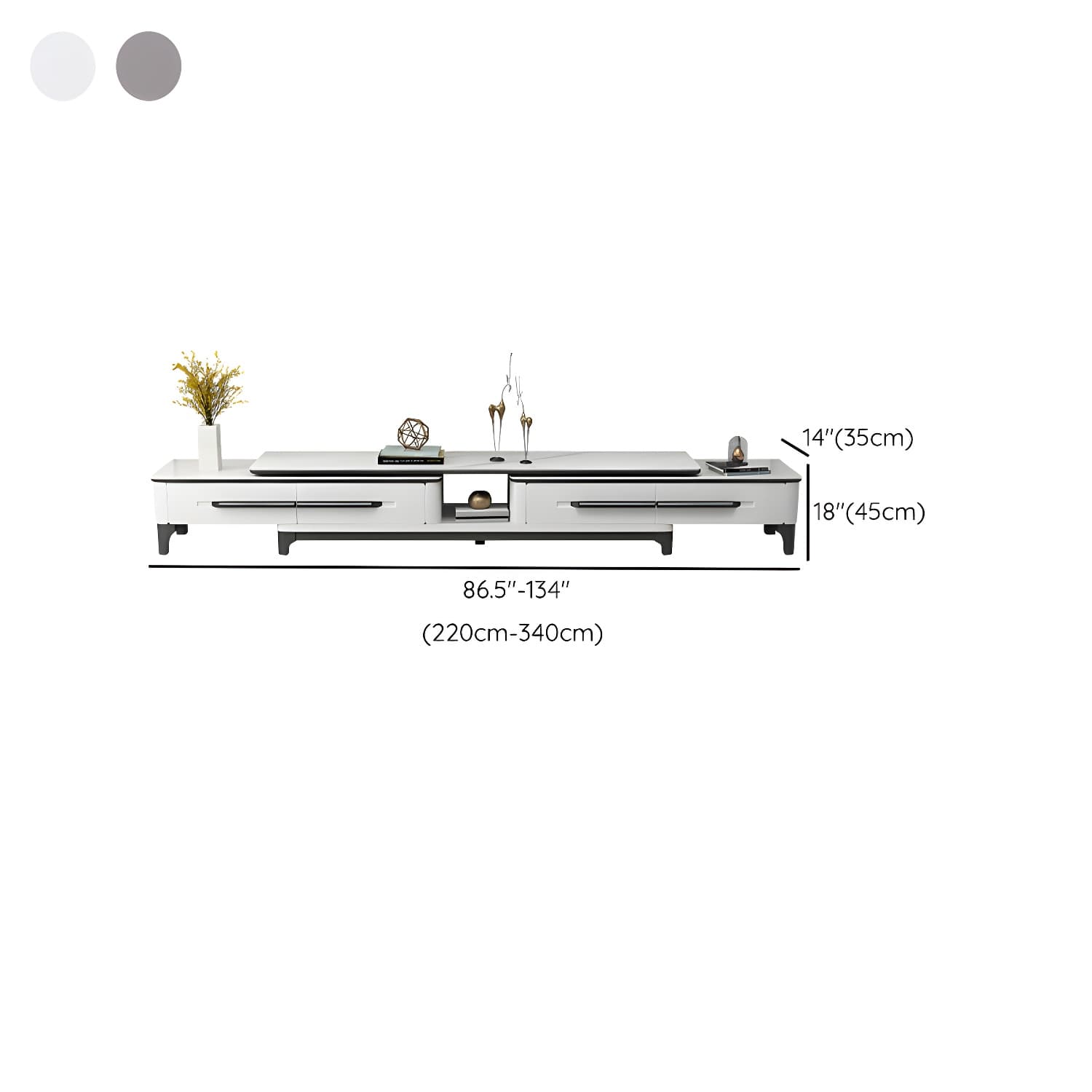 Modern Stone TV Stand with Long Length, Open Storage and Drawers featuring Wood Shelves thumbnail 13