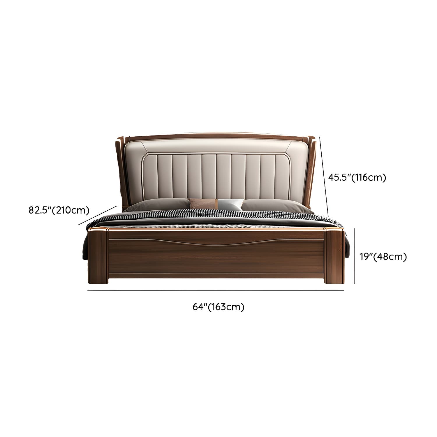 Traditional Walnut Wood Brown Bed with Rectangular Upholstered Headboard for Bedroom thumbnail 10