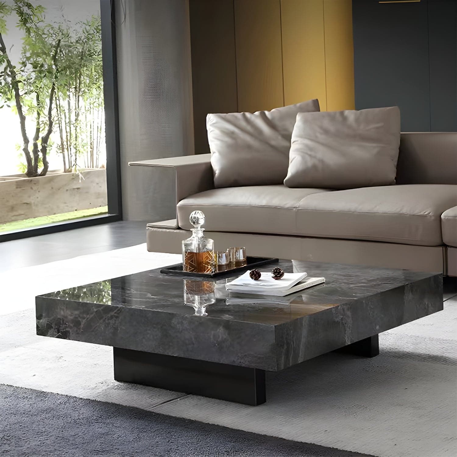 No Distressing Coffee Table Pedestal Faux Marble Square Cocktail Table thumbnail 1