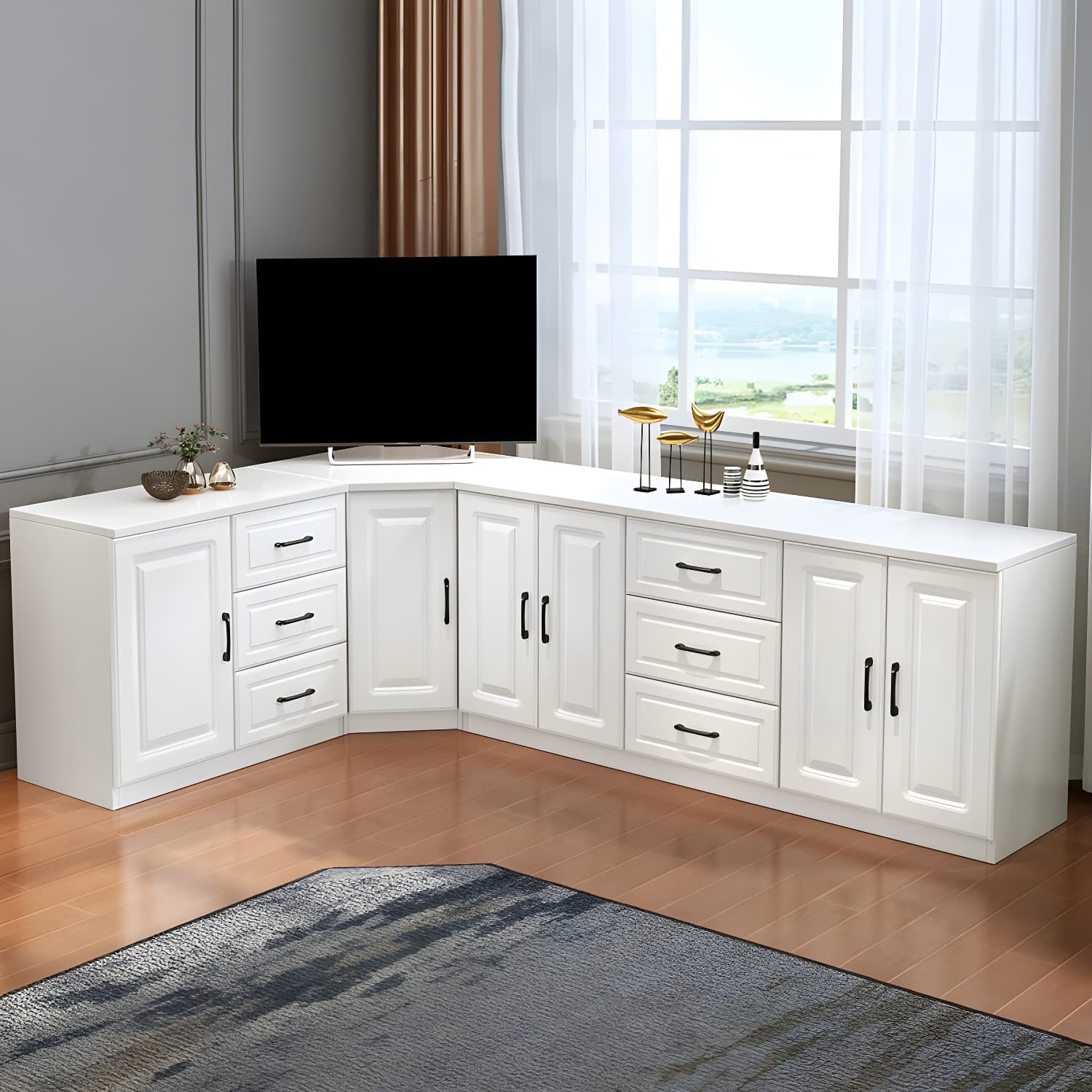 Modern Solid Wood Corner TV Stand Console with 6 - Drawer - 27.56" thumbnail 11