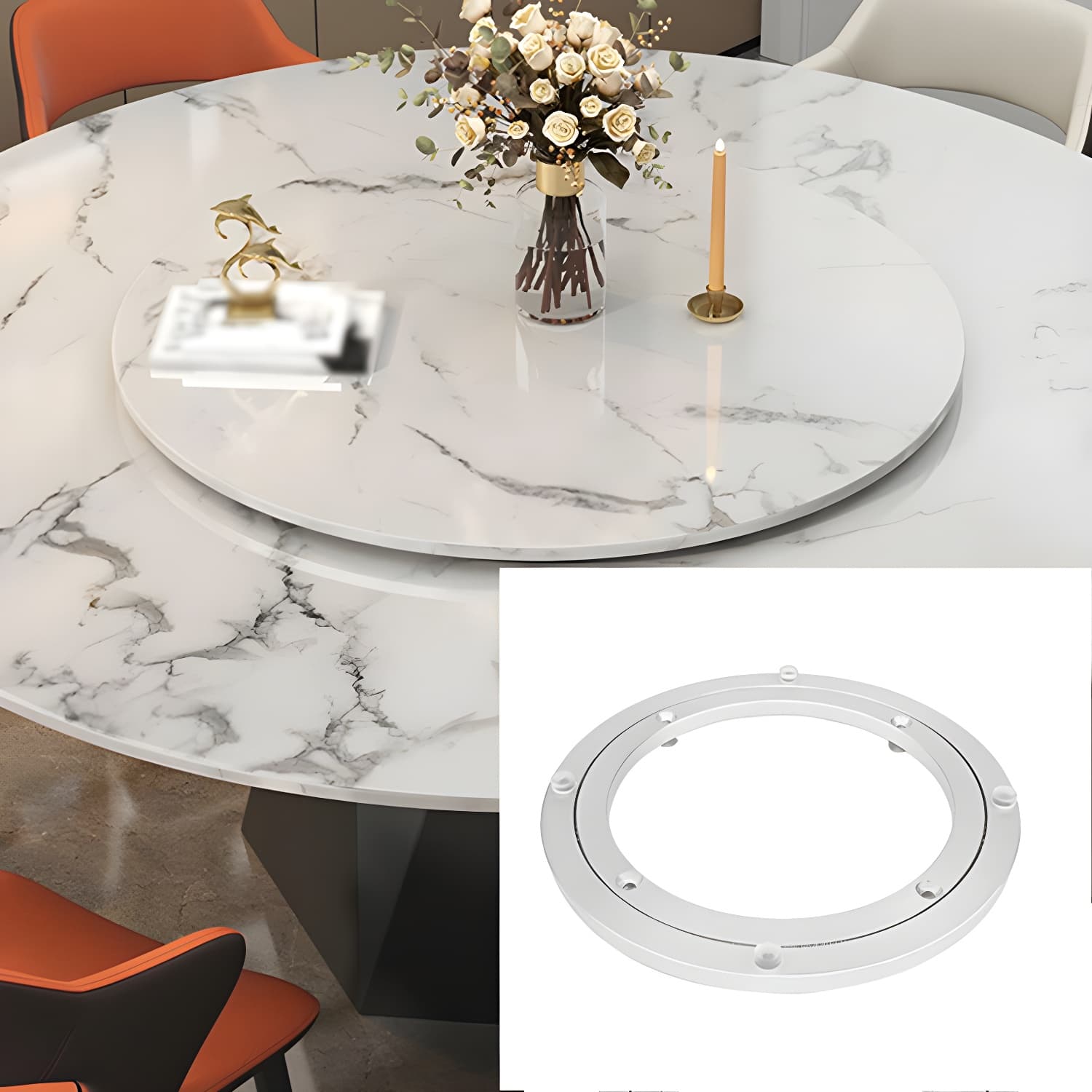 Round White Marble Modern Dining Table with Black Steel Pedestal Base and Convenient Lazy Susan thumbnail 8