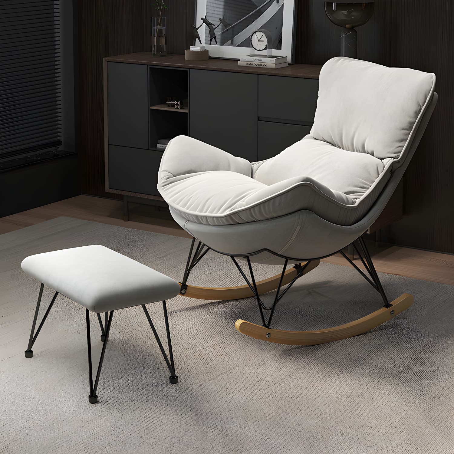 Wing Back Rocking Chair Solid Wood Rocker Chair with Ottoman thumbnail 11