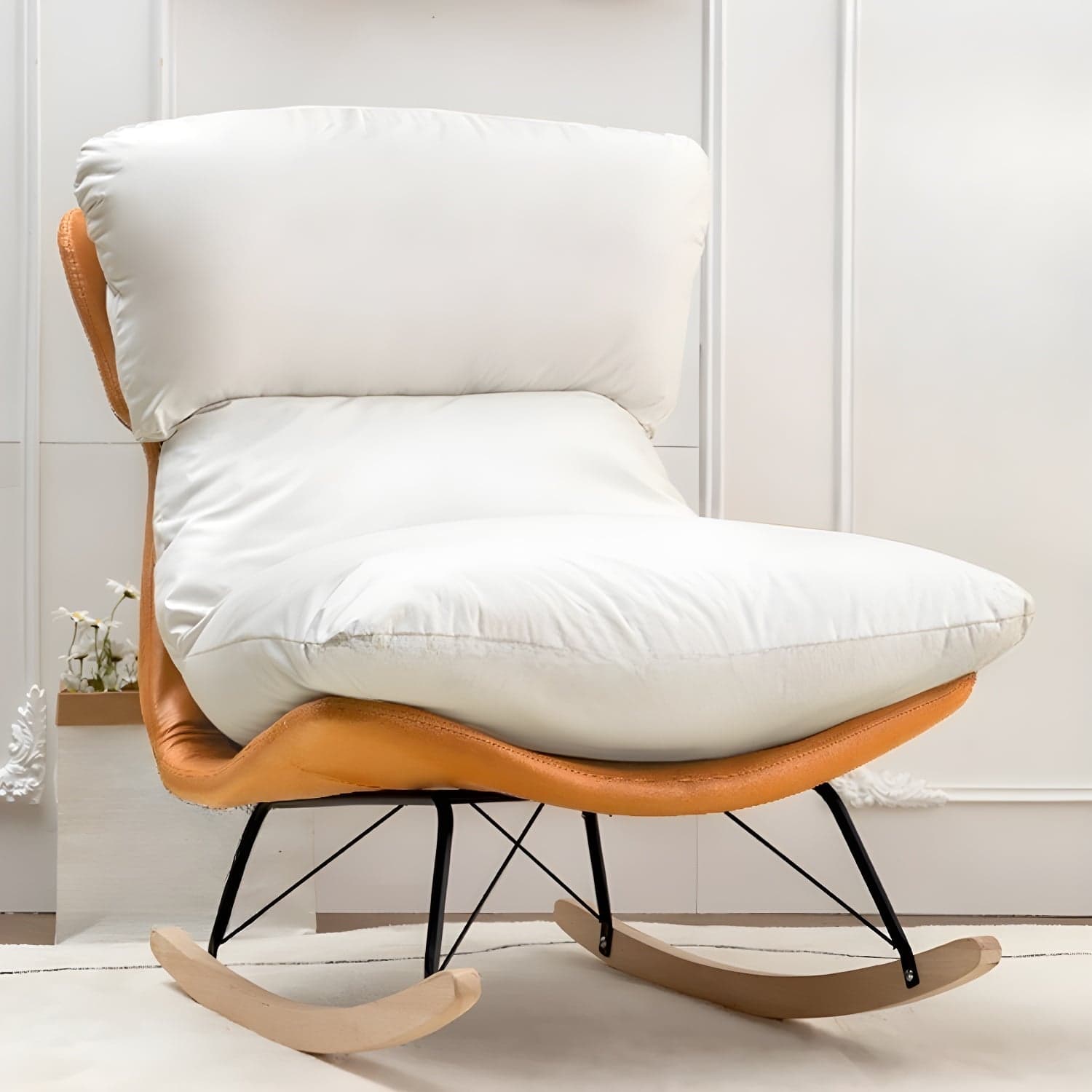 Scandinavian Indoor Upholstered Rocking Chair with Track Arms and Natural Wood Legs thumbnail 6