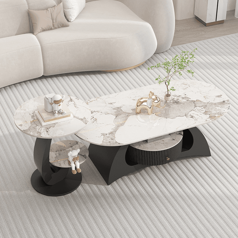 Mission Style Single/Bunching Slate Top Abstract Base White Oval Board Game Coffee Table with 1 Drawer thumbnail 6