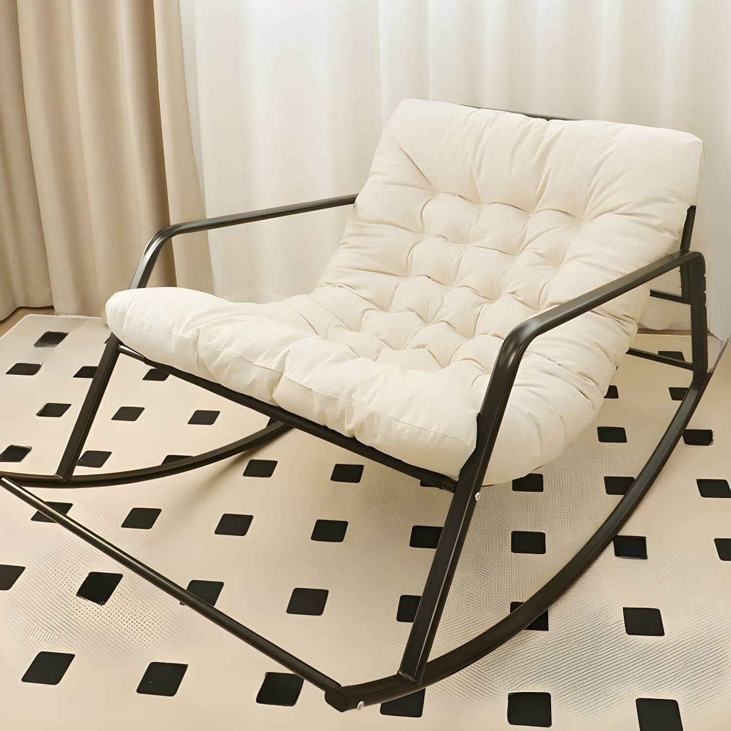 Modern Indoor Rocking Chair with Track Arms, Spindle Back and Metal Legs thumbnail 1