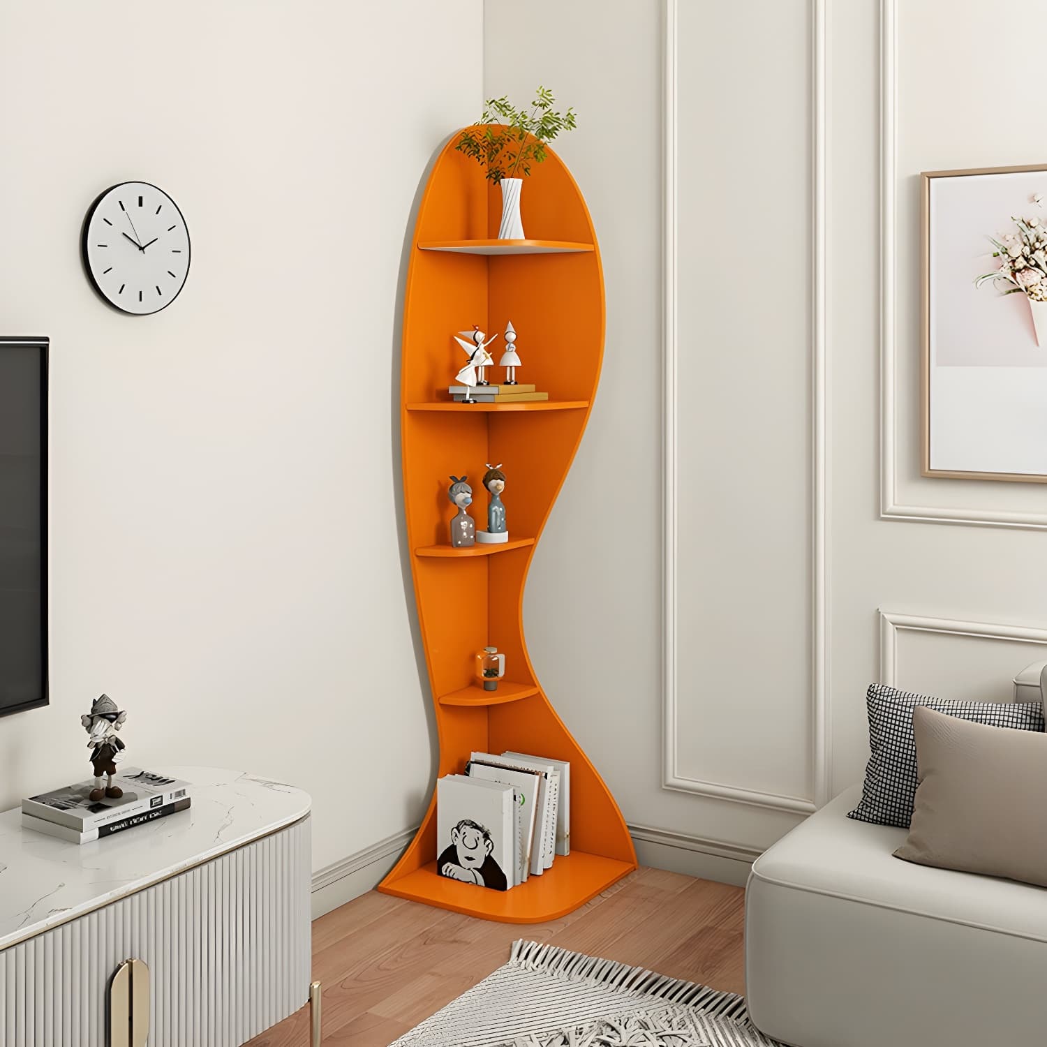 Corner Modern Accent Chest with Wood Counter Top and Open Shelves - 40cm X 40cm X 182cm - 4 Shelves thumbnail 13