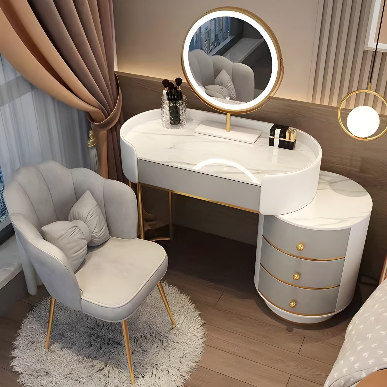 Wooden Makeup Vanity Desk Lighted Mirror Vanity Dressing Table Set with Drawer thumbnail 4