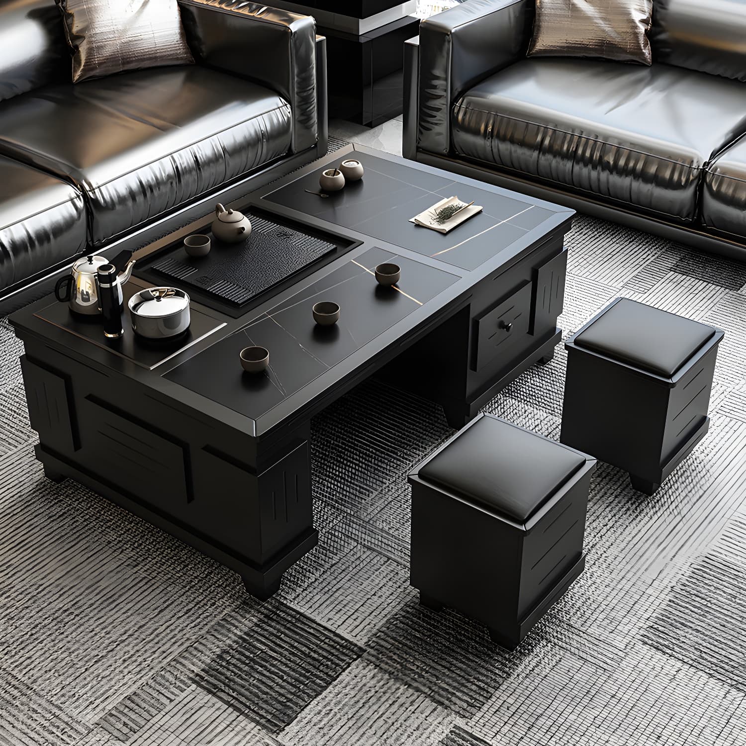 Abstract Slate Coffee Cocktail Table with Storage Drawers Rectangle thumbnail 9