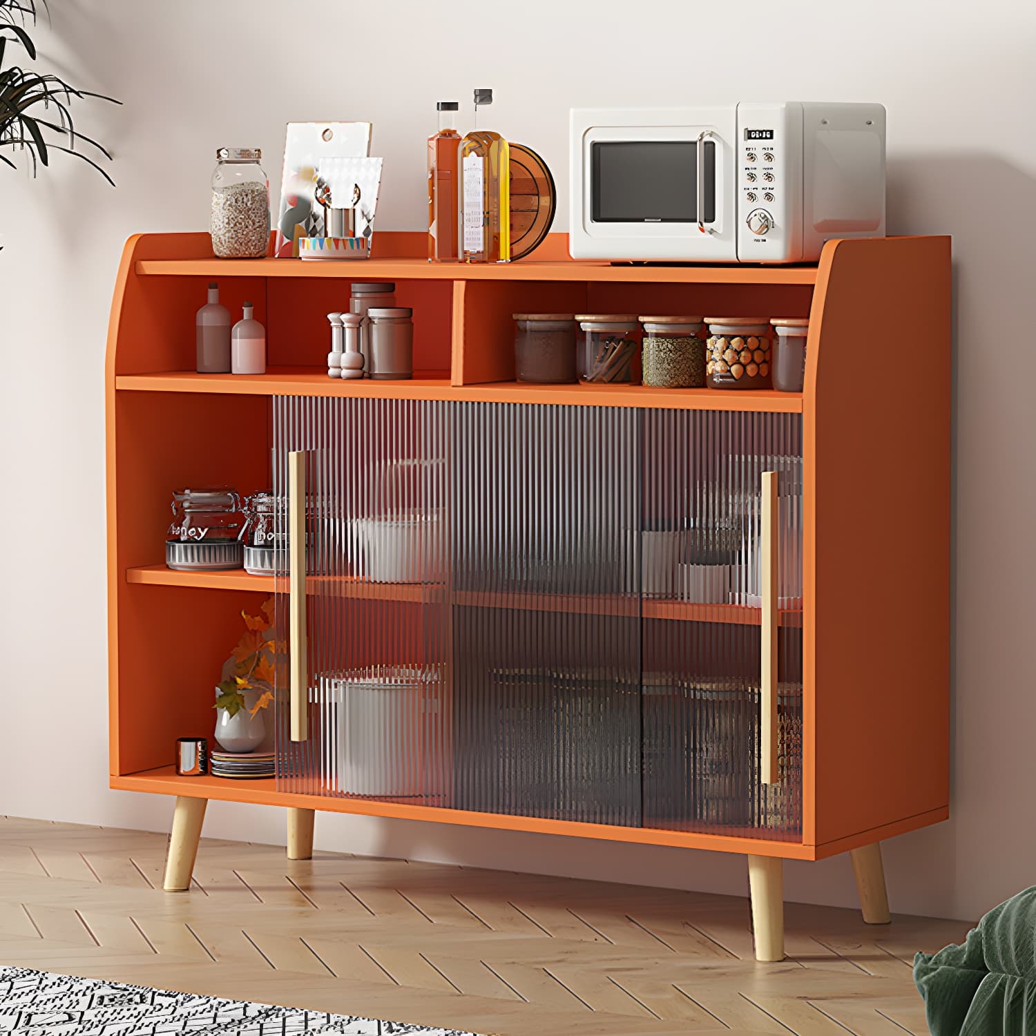 Scandinavian Wood Sideboard Credenza with Acrylic Doors and Cabinet Storage thumbnail 10