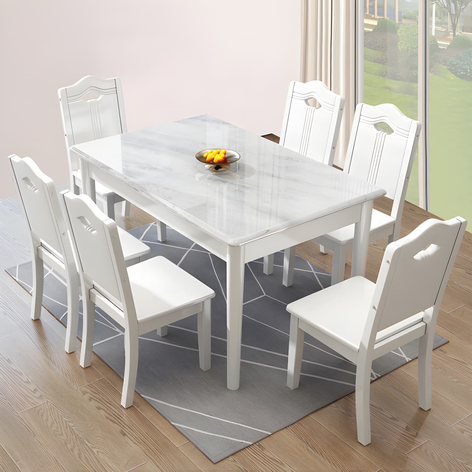 Modern White Marble Kitchen & Dining Room Set - Solid Wood Base, Faux Marble Top thumbnail 9