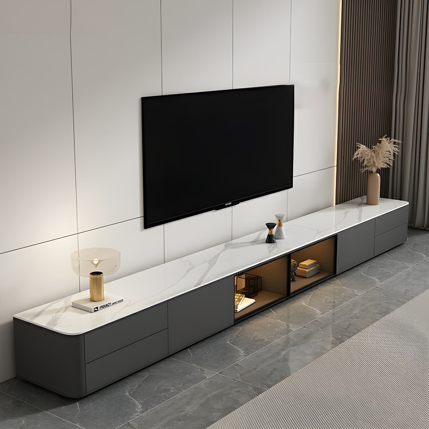 Grey Stone TV Stand with Drawers and Cabinet and No Cable Management for Modern-Style Long TVs thumbnail 1