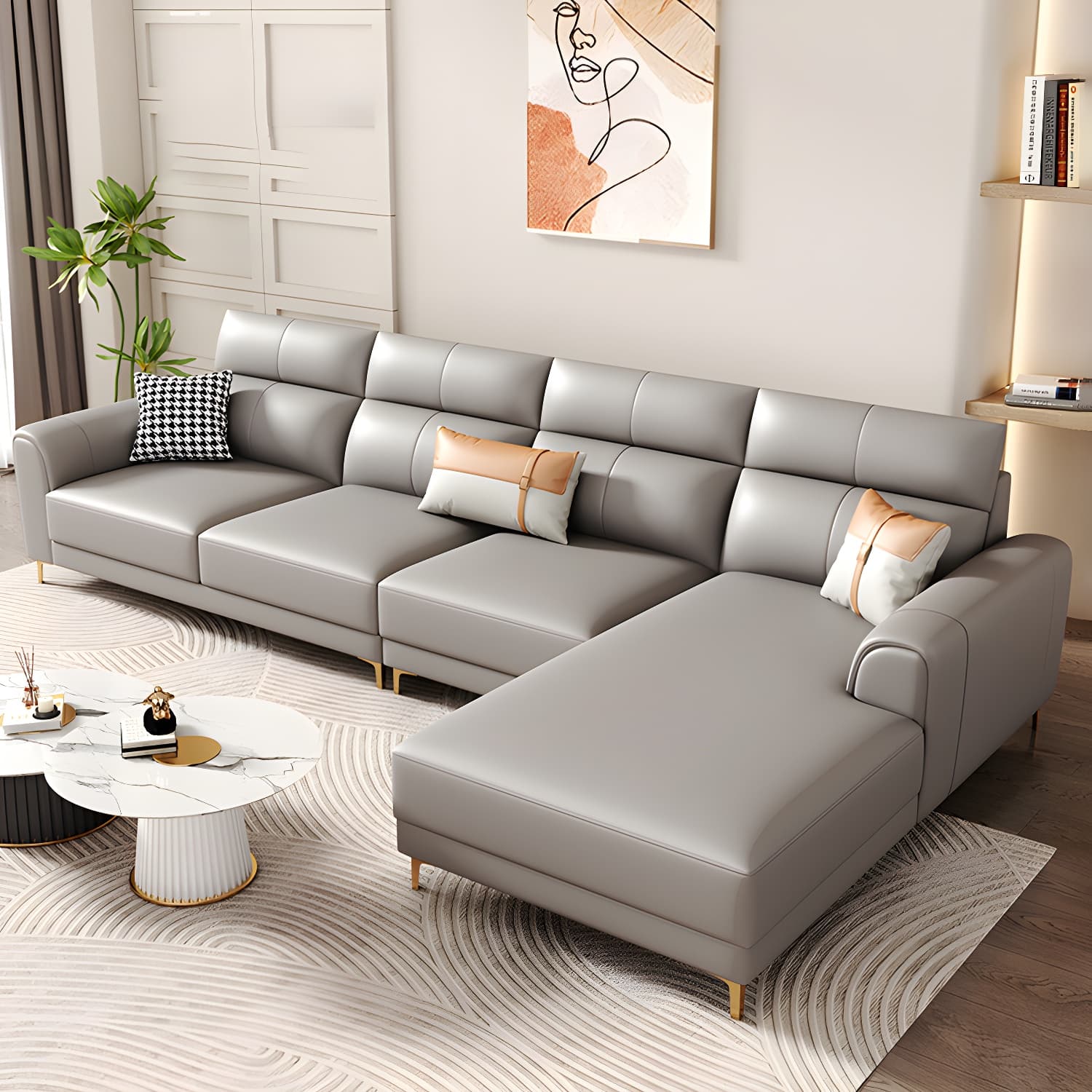 Modern Gray Faux Leather Sectional Sofa with Pillow Top Arms and Wood Frame thumbnail 3