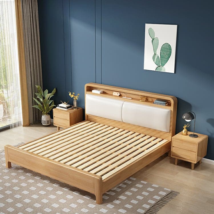Scandinavian Solid Wood Bed with Four Legs and Upholstered Headboard thumbnail 3