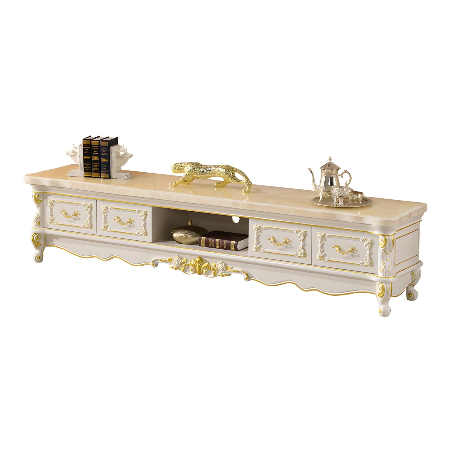 Traditional Marble Top TV Cabinet Solid Wood Crafted TV Stand for Living Room thumbnail 6