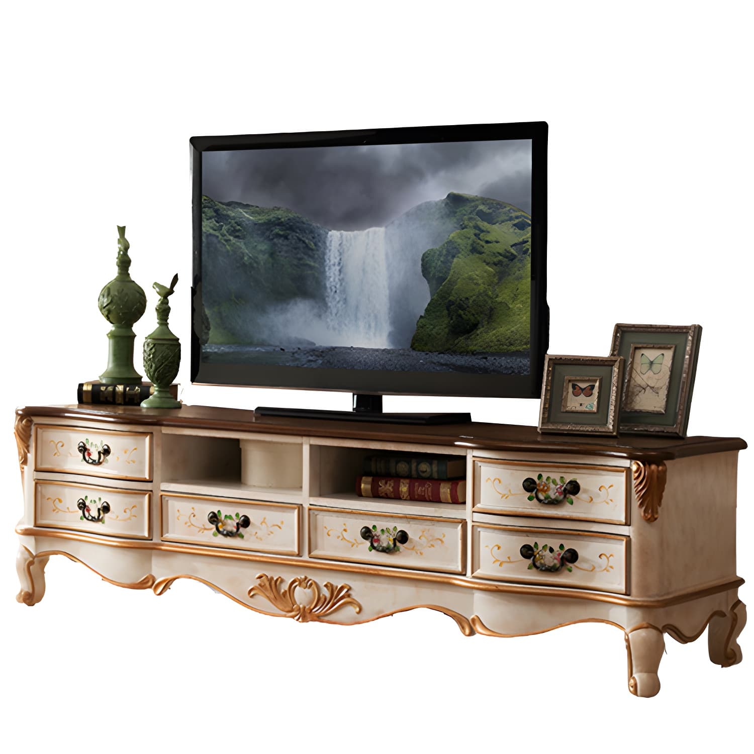 Vintage Birch Wood Media Console Matte Finish TV Media Stand with Drawers and Open Storage thumbnail 7