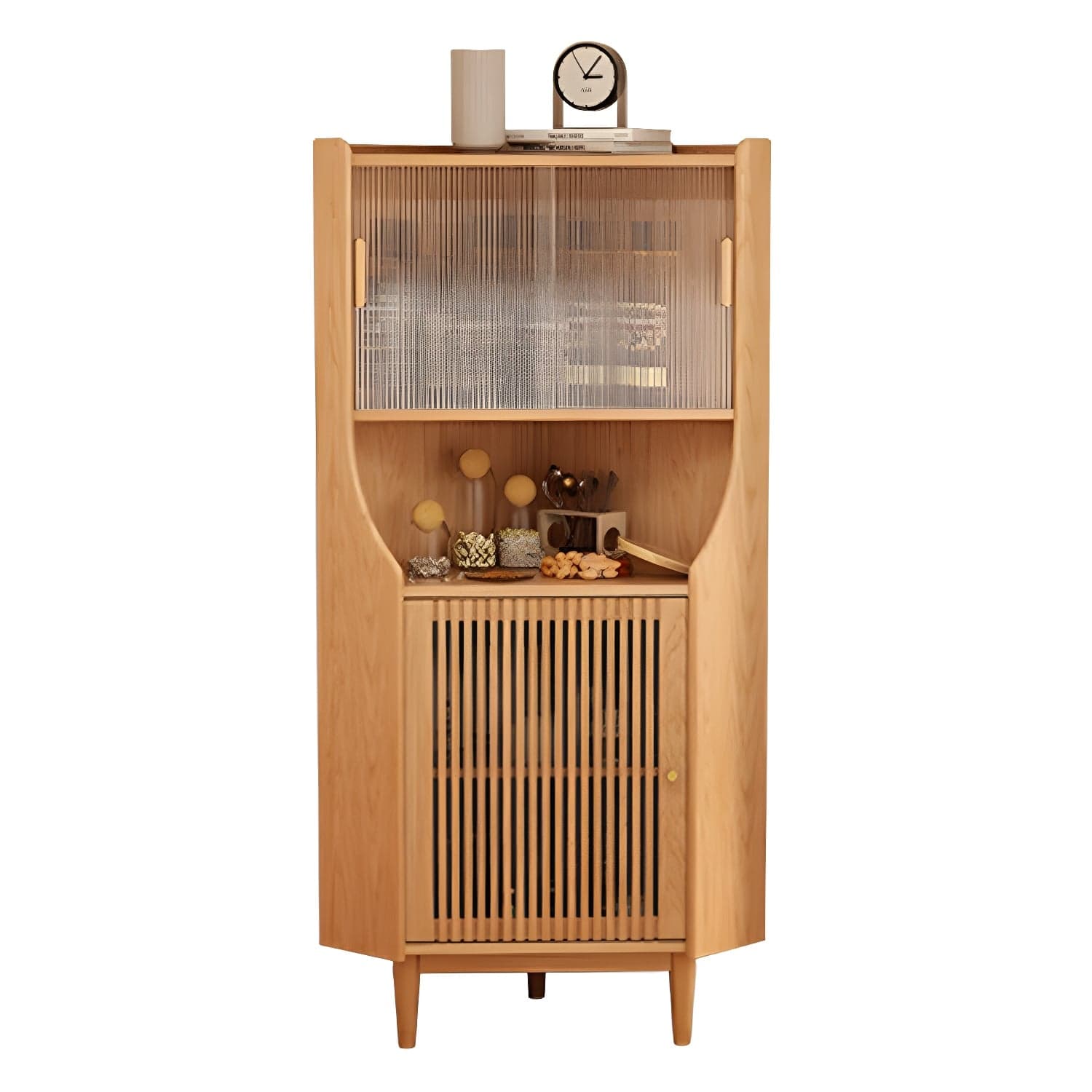 Corner Scandinavian Accent Cabinet with Wood Counter Top and Glass Doors, 2 Exterior Shelves thumbnail 1