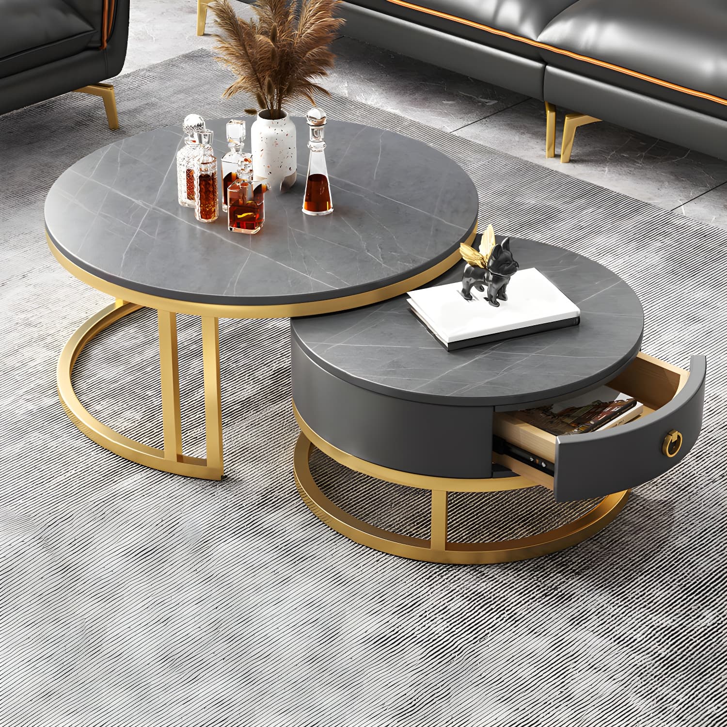 Modern Nesting Coffee Table Set Frame Round Coffee Table Set with Drawer thumbnail 19